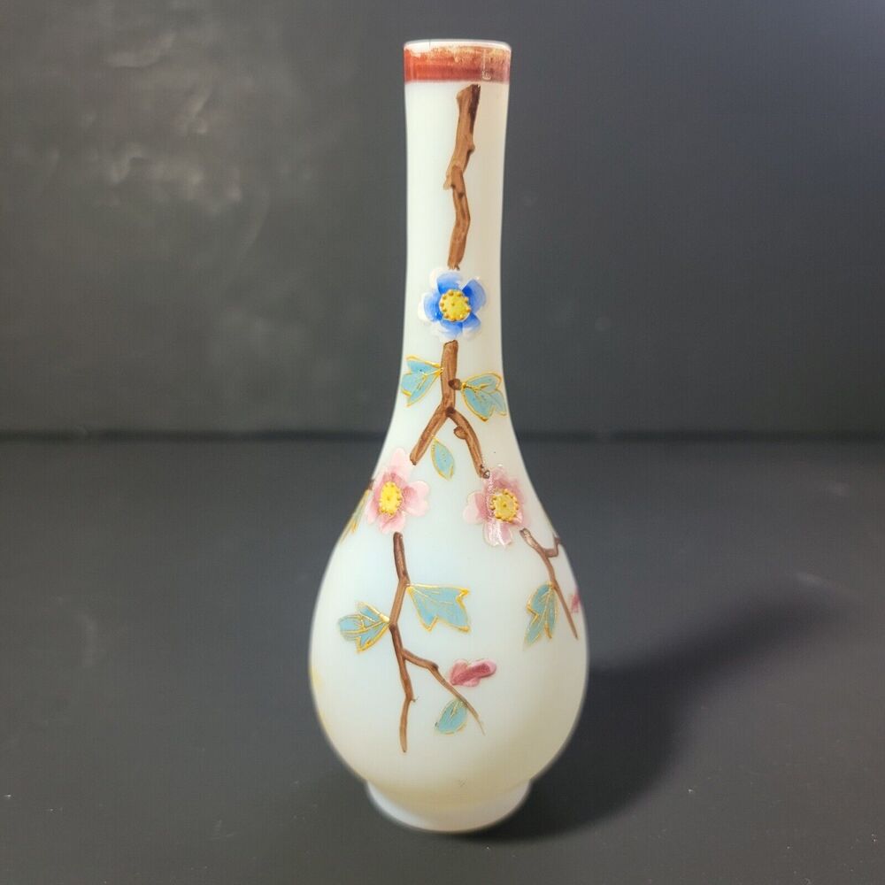 Frosted Glass Bud Face Hand Painted Pink And Blue Flowers on Branch 6" Vintage